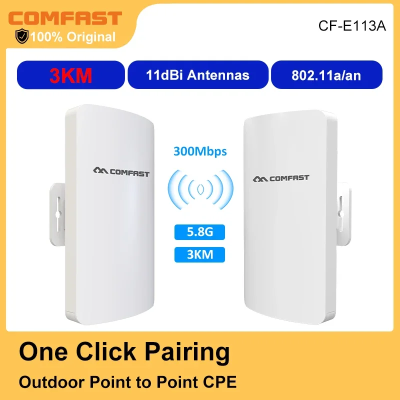 

Беспроводной мост COMFAST 300 Мбит/с 5.8 ГГц для наружного использования, точка доступа Wi-Fi CPE на 3 км, маршрутизатор с антенной Wi-Fi 11dBi, PoE 48В, точка-точка