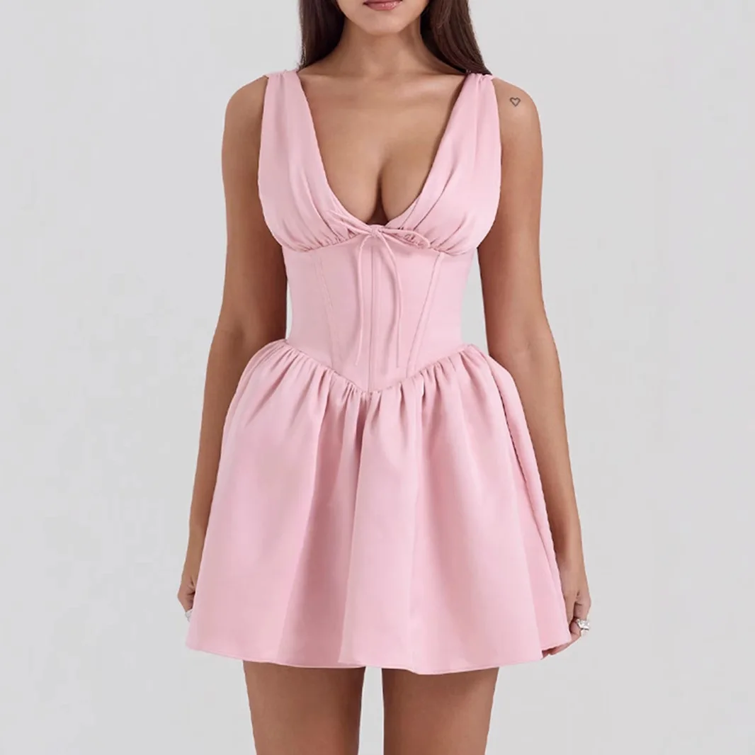

Spice girl sexy deep V fishbone waist mint green dress puffy dress pure desire dress fashion simple temperament elegant versatil