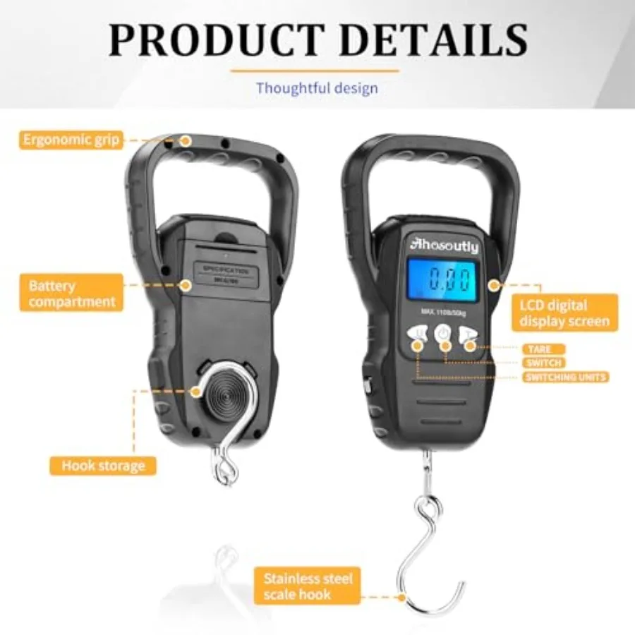Fish Scale, 110lb/50kg Large Handle, Large Backlit LCD Display, Digital Fish Scale with Built-in Measuring Tape, Fishing Gifts