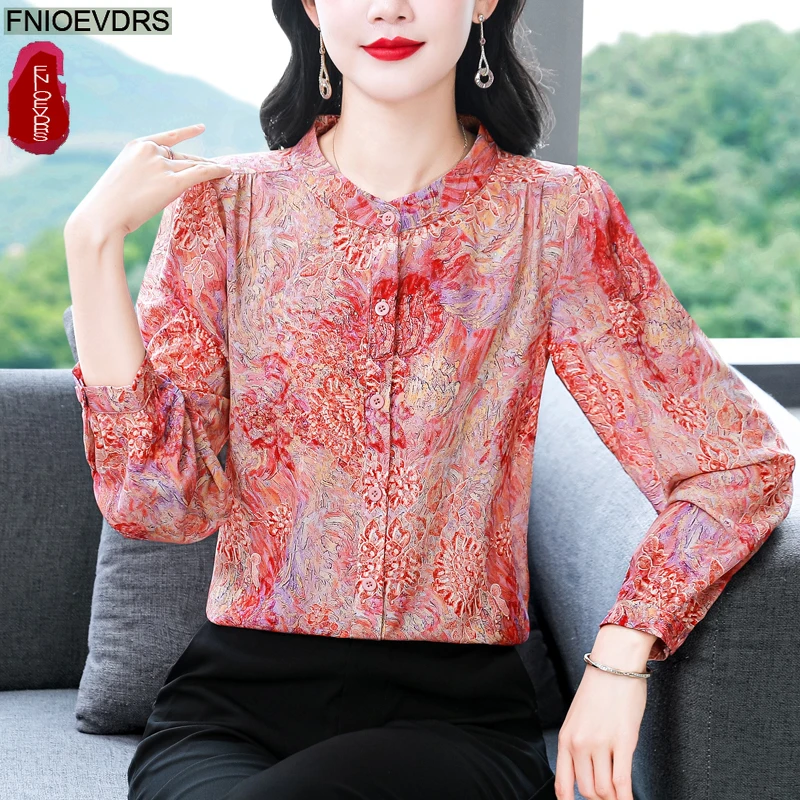 Bling Retro Vintage Stehkragen Tops Blusen Neujahr 2026 Frühling Frau Blumendruck Elegante Pendler Lady Button Basics Shirts
