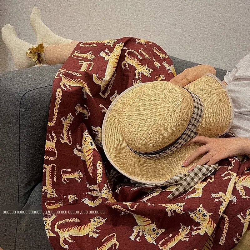 

VIMAS Retro High Waist Cotton f Skirt with Fun Little Tiger Print Korean Sle Commute Casual Loose A-Line Skirt