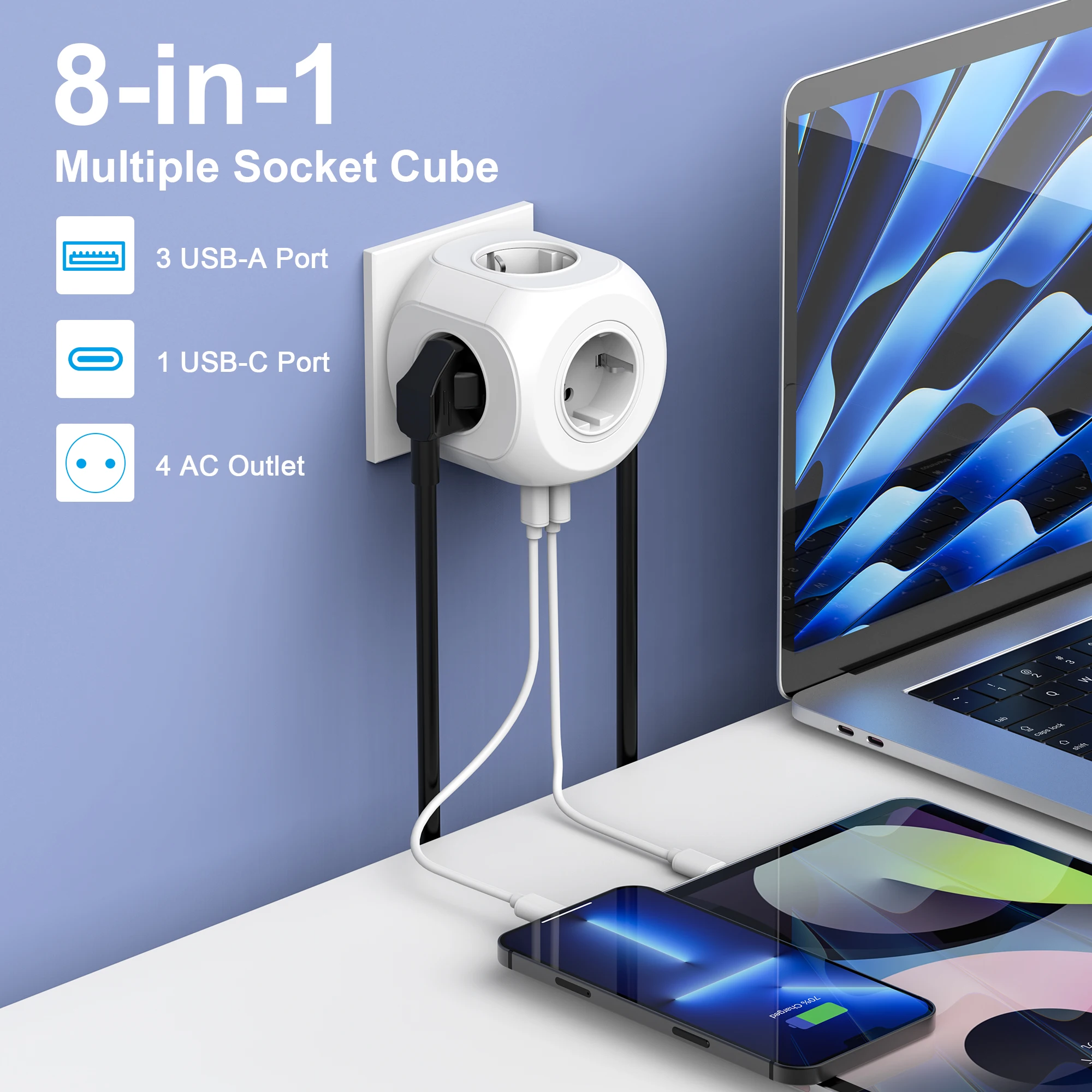 8-in-1 EU Plug Wall Socket Extender with 4 AC Outlets 3 USB Ports 1 Type C Charging Station Power Strip with On/Off Switch Compa
