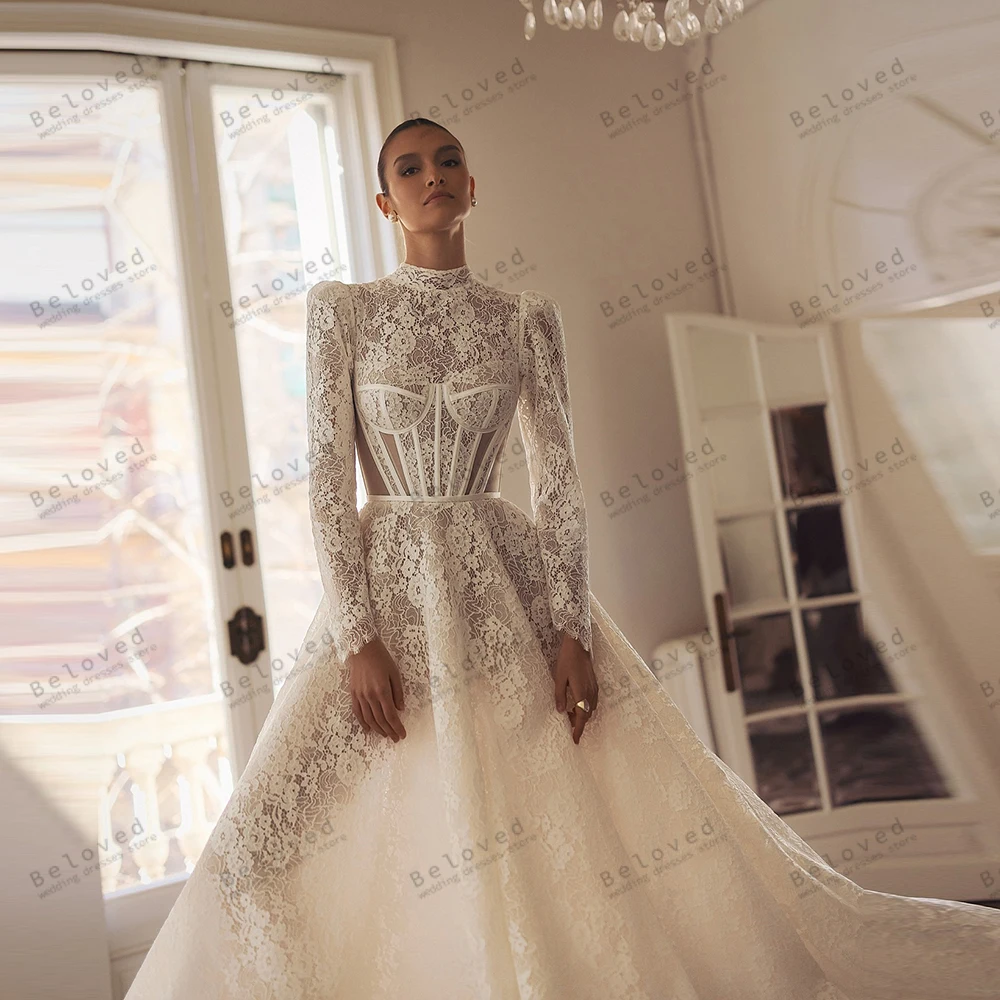 ชุดแต่งงานทรงเอไลน์สุดหรู ผ้าลูกไม้ระบายชั้นๆ สำหรับงานเลี้ยงอย่างเป็นทางการ แขนยาว ชุดเจ้าสาวแบบสั่งตัด ปี 2026