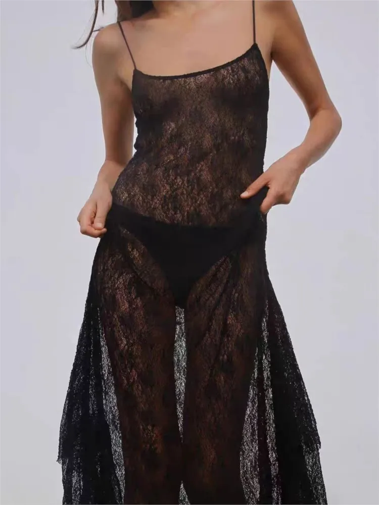 

Fashion Sexy Lace Perspective Thin Suspender Long Dress Solid Color Ruffle Black Basic Women Dress Vacation 2025 Summer New