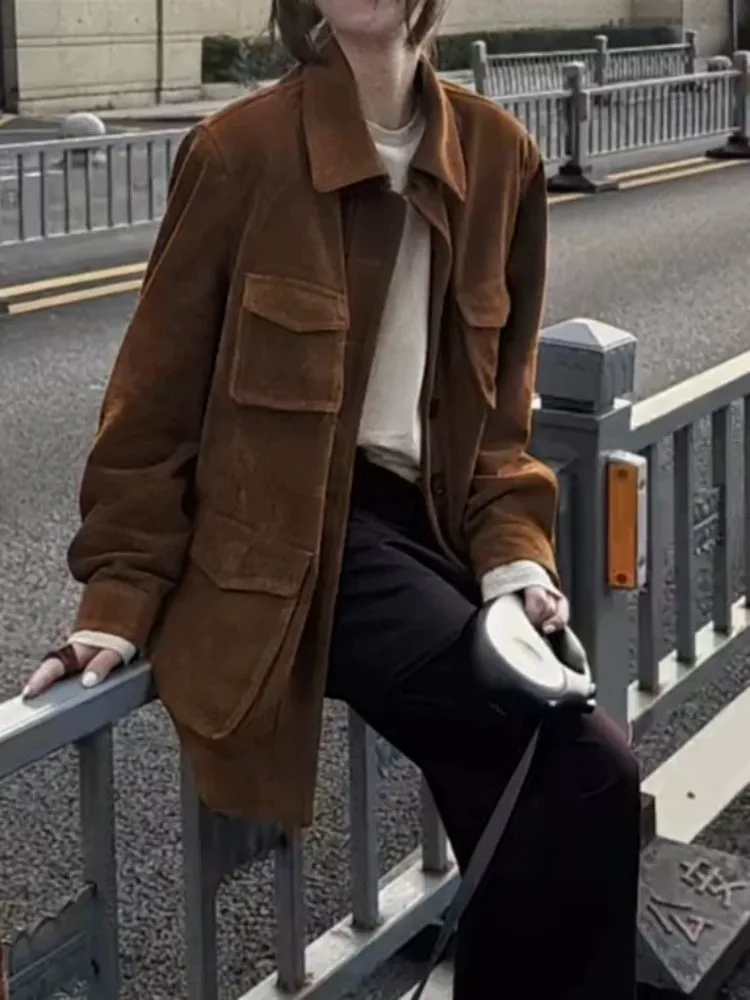 Alta qualidade camurça casaco de pele carneiro feminino único breasted médio longo primavera outono outerwear senhora harajuku jaqueta de couro genuíno