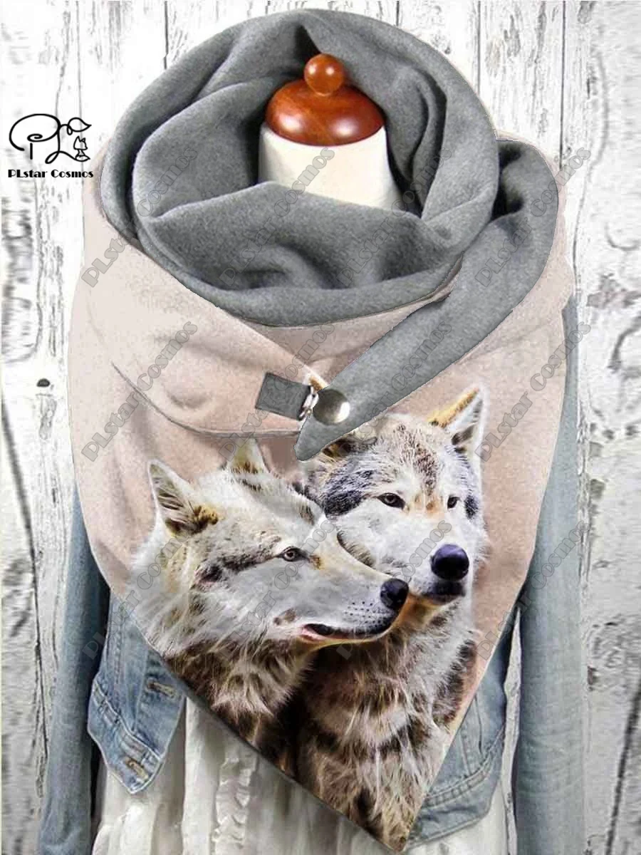 PLstar Cosmos 3D printed animal series cute wolf king pattern printed warm shawl scarf spring and winter large triangle scarf