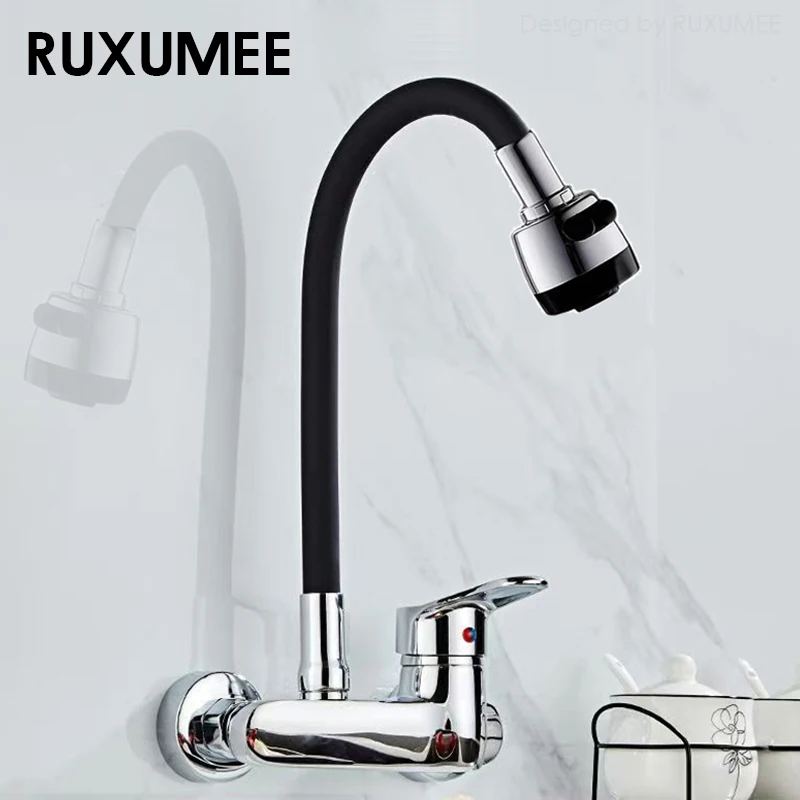 Grifo de cocina montado en la pared, giratorio 360, Flexible, cromado pulido, modos duales, grifos para fregadero de agua fría y caliente, color negro