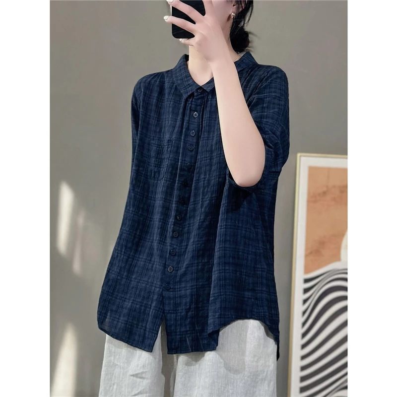 Women\'s Clothing Simple Polo Collar Oversized Vintage Cotton Linen Single Breasted Shirt Summer Casual Solid Half Sleeve Blouses