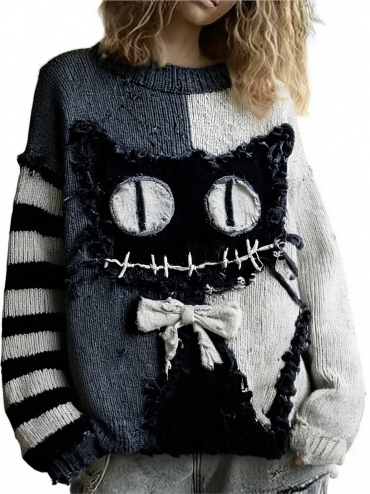 New Women Sweatshirts Halloween Patchwork Spooky Face Printed Hoodie Autumn Winter Fashion Long Sleeves Loose Knitting Clothes