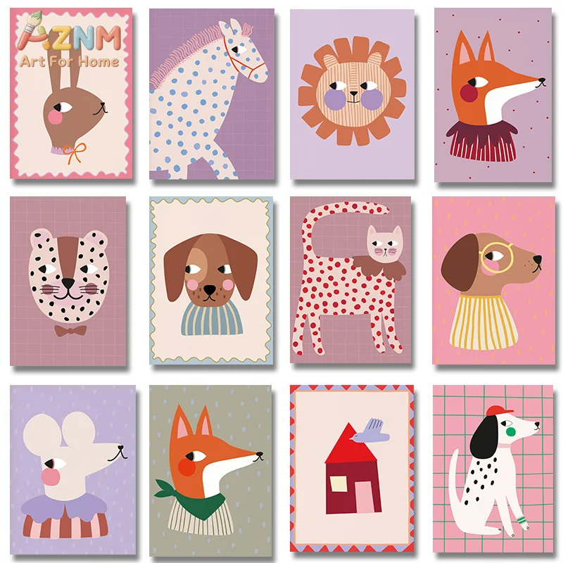 AZNM Abstract Pastel Animal Canvas Print Rabbit Horse Lion Fox Cat Dog Mouse Dotted Grid Cute Minimalist Kids Nursery Bedroom Wa