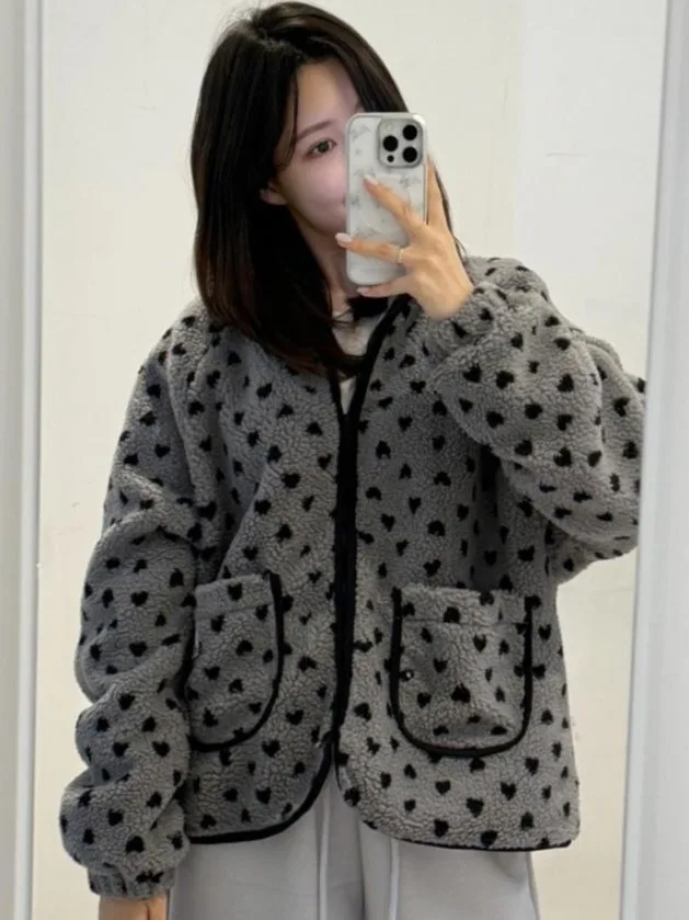 เสื้อโค้ทผ้าฝ้ายลายจุดรูปหัวใจสำหรับผู้หญิง สไตล์ชิค ลุคสบายๆ  รุ่นใหม่ล่าสุดสำหรับฤดูหนาว เนื้อผ้านุ่ม อุ่นสบาย