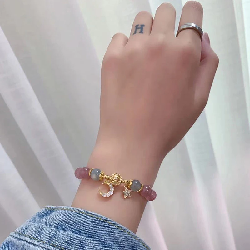 1PCS Exquisite Colorful Star Moon Beads Bracelet For Women Metal Chain Beads Bracelet Sister Girlfriend Gift