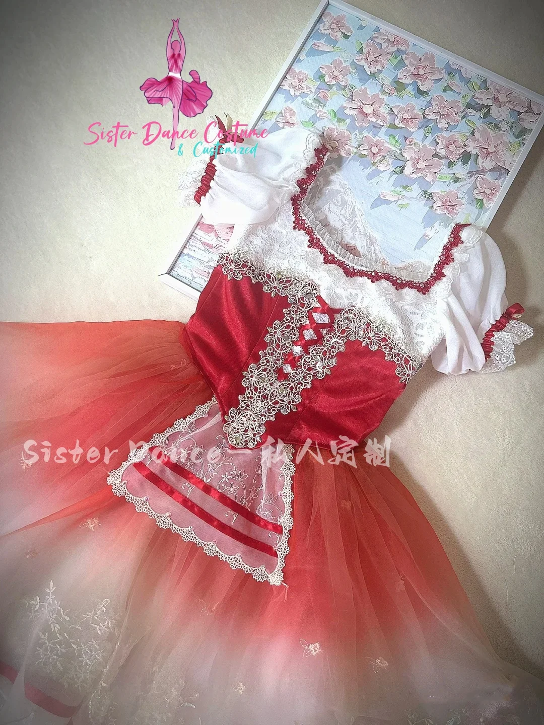 Red long skirt tutu private custom children's stage performance competition dress women's costume