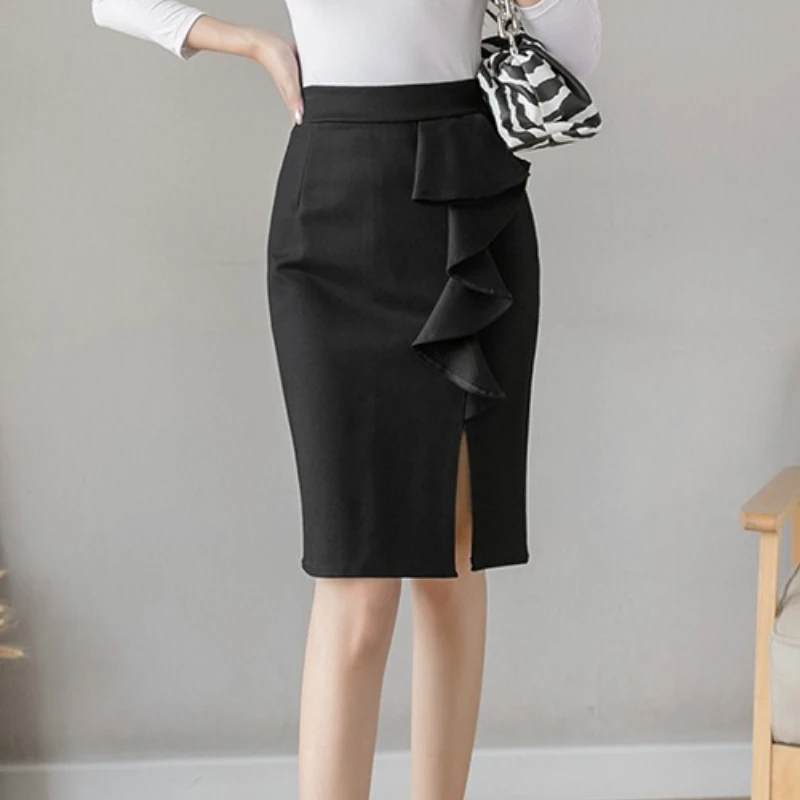 Oversized Black Office Plus Size Fashion Elegant Bodycon Skirt Ruffled Skirts 2025 Korean Style High Waisted Pencil Skirt