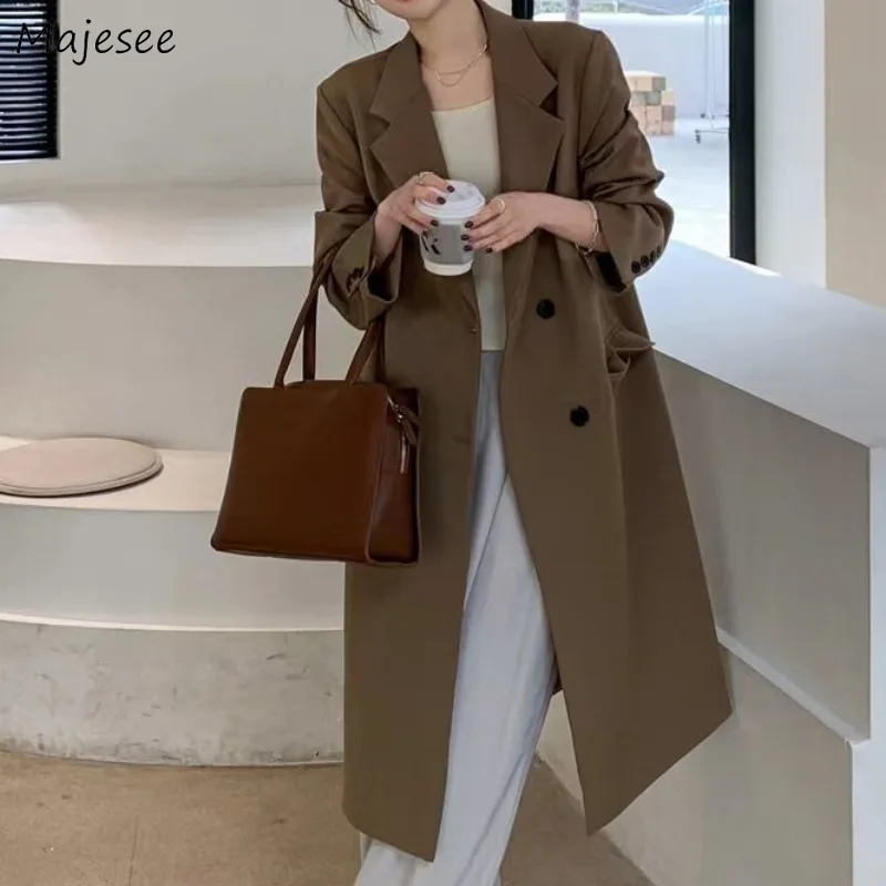 

Blazers Women Chic Long Straight Coats Outwear Simple Solid All-match Loose Fall Newly Trendy Vintage Casual British Office Lady