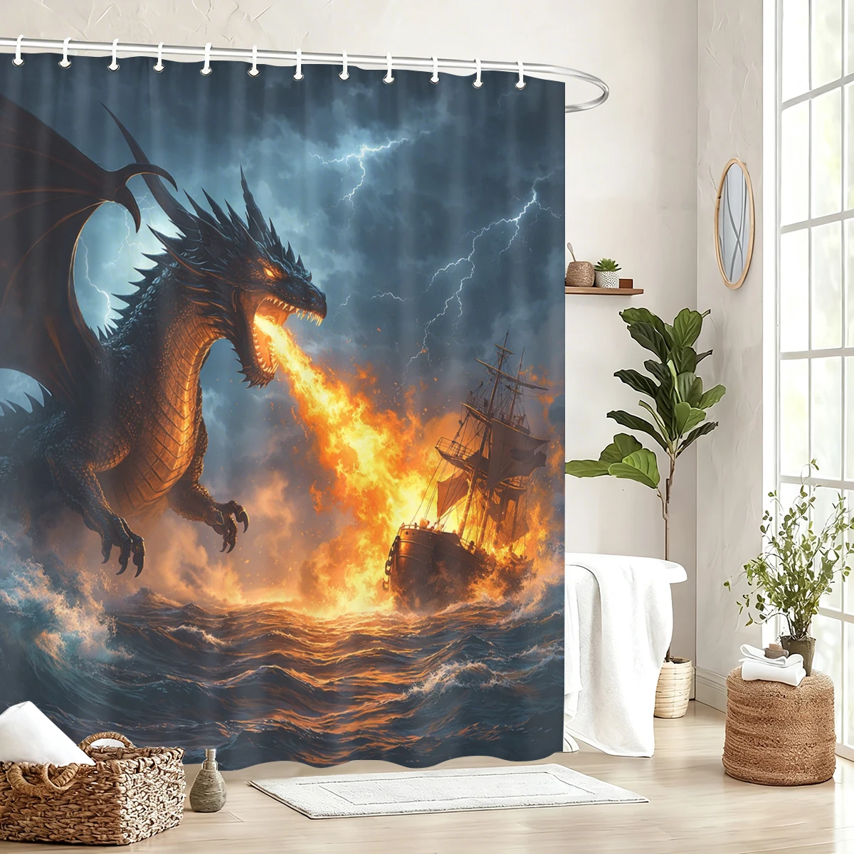 

Vivid Themed Polyester Shower Curtain - Lighthouse, Wolf, Crown & Dragon Printed Bathroom Decorative Curtain