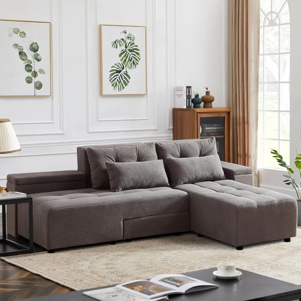 

94" Convertible Oversize Corduroy 3 in 1 Sleeper & Sectional Sofa, L-Shaped With 4 Storage Spaces for Living Room