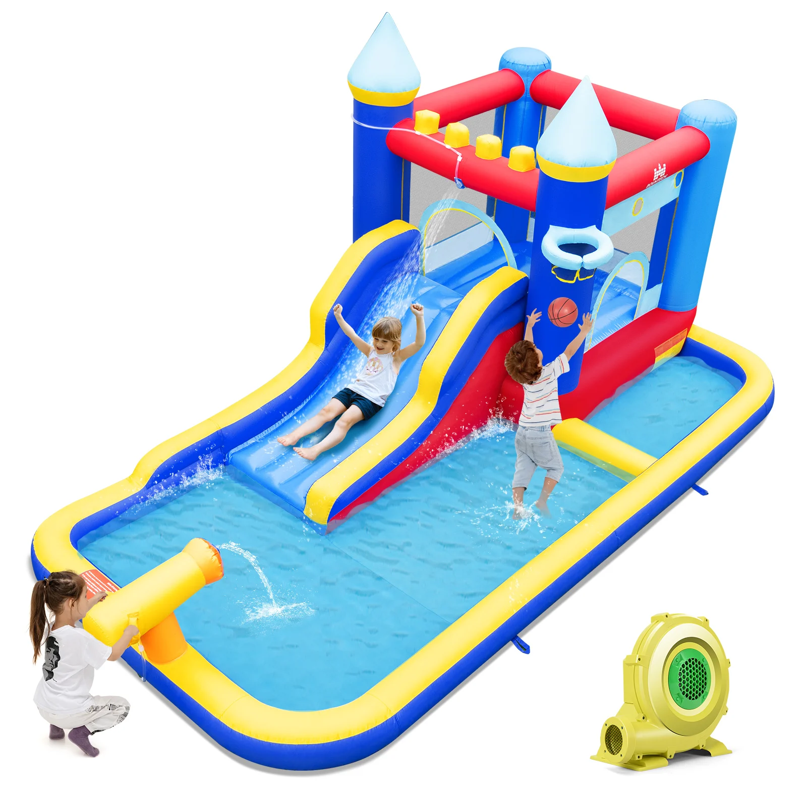 

6-in-1 Inflatable Water Castle Kids Bouncer W/ 50 Ocean Balls & 735W Blower