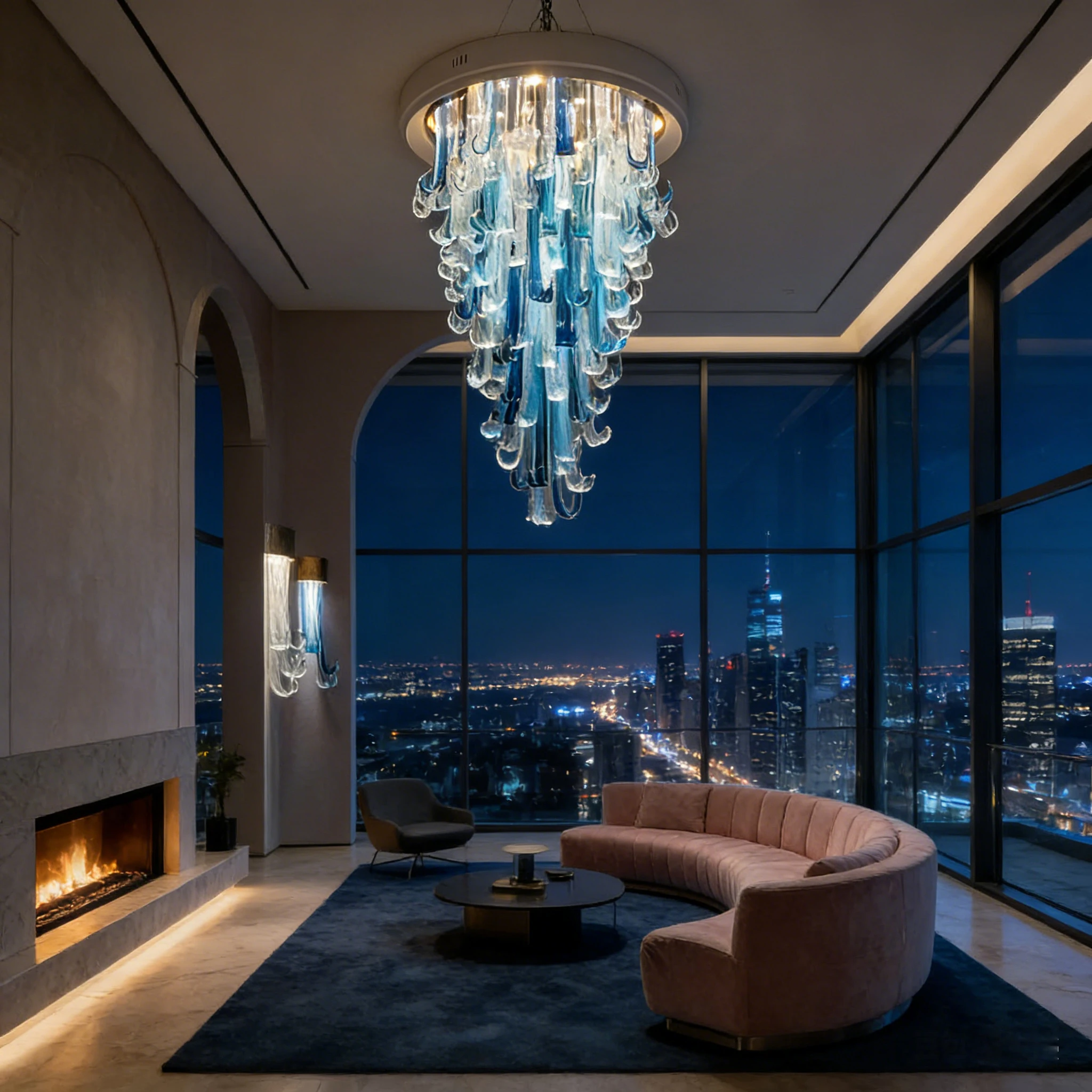 

BOSSEN American Ceiling Light Rose Gold Blue Waterfall Adjustable Dimmable Luster Pendant Lamp for Villa Staircase Fixtures