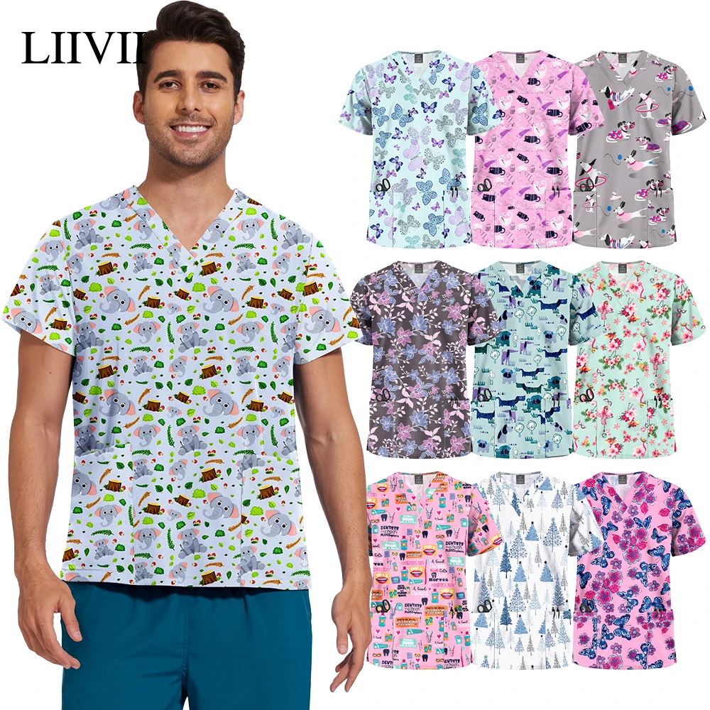 Stretch Cute Cartoon Print Nurse Uniforms Women Men T-shirts Pocket Casual Short Sleeve Pullover V-neck Scrubs Tops Lab Workwear