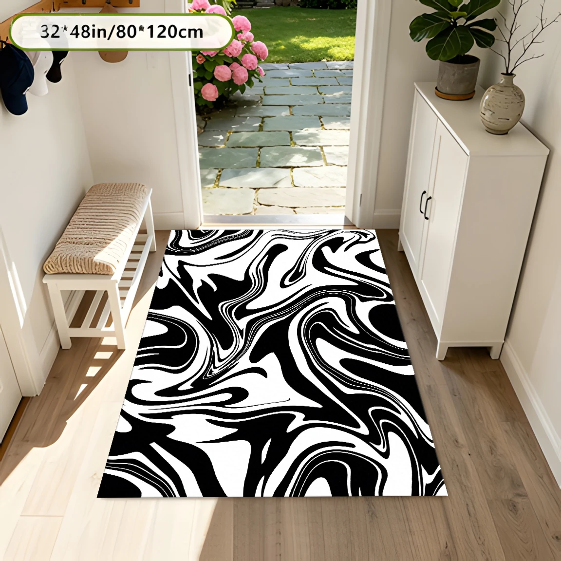 2D Large Carpet Black White Flowing Wave Minimalist Modern for Living Room Bedroom