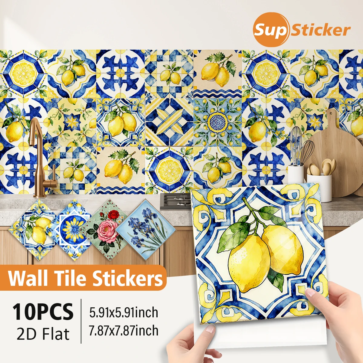 Floral Lemon Peel & Stick Wall Stickers (10-Pack), 2-Size Waterproof PVC, for Kitchen Backsplash, Bathroom, Cabinet Decor