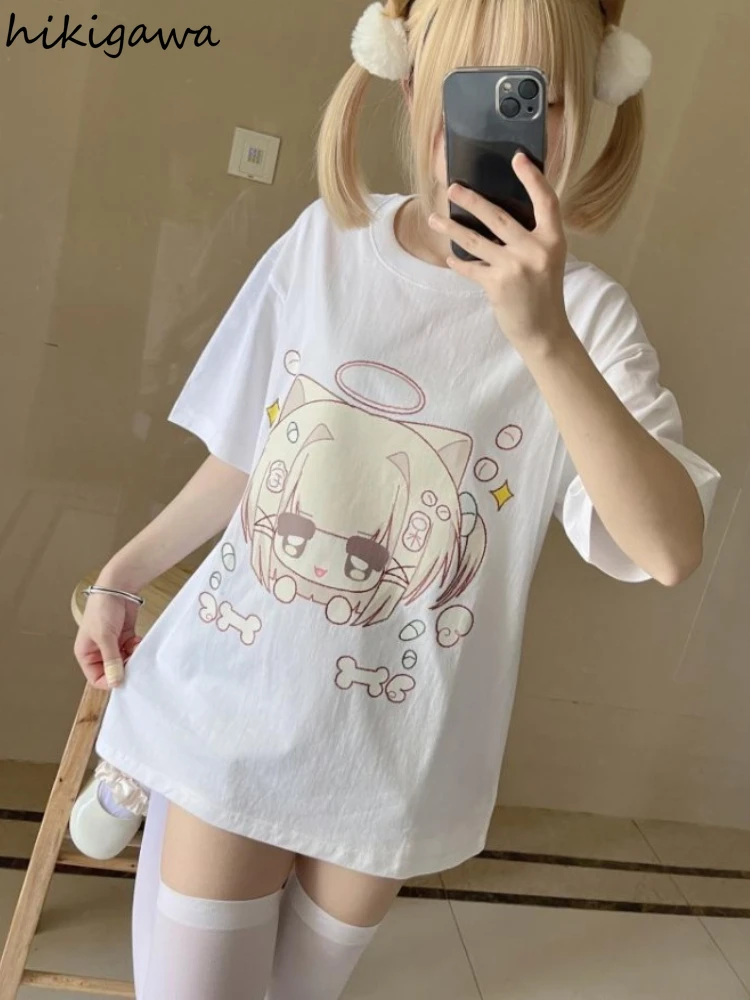 Japanese Tshirts Women\'s Clothing Summer Camisetas Anime Print Cute Tees Oversized Casual Fashion Y2k T Shirts 2024 Ropa Mujer