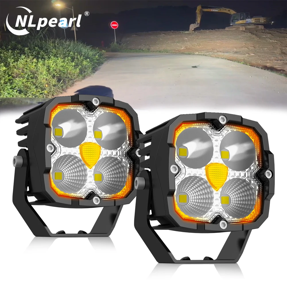 NLpearl 3 Inch LED Work Light 50W Spot Flood Combo Work Spotlights Pod with Amber DRL For Truck SUV 4WD ATV UTV Boat 12V 24V