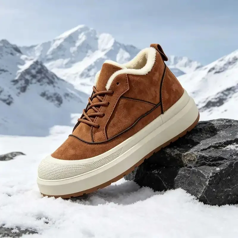 2026 Trend Men Platform Ankle Snow Boots Slip-On Suede Upper Warm Fluffy Fleece Lined Winter Casual Mens Outdoor Daily Shoes