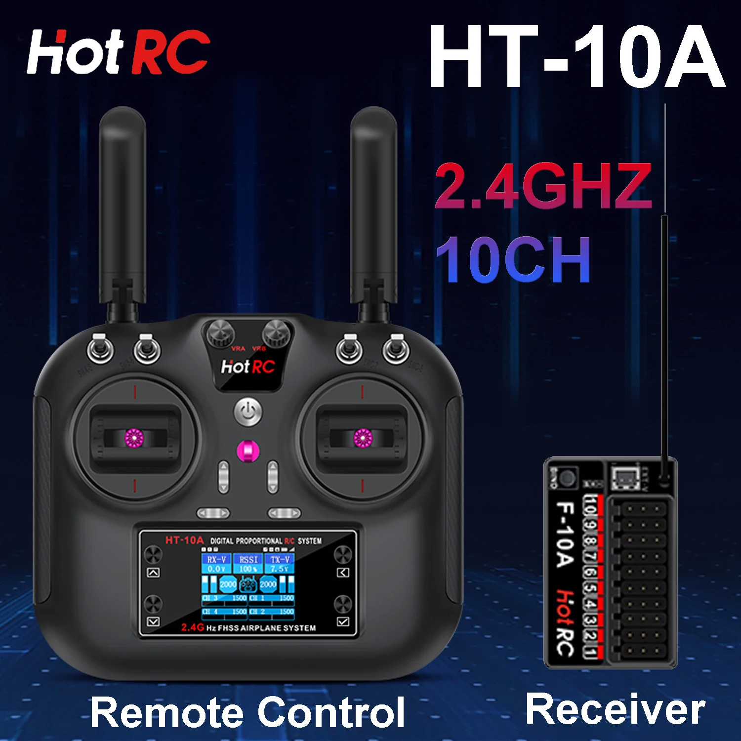 

HotRC HT-10A 1.7 inch Color Screen 10CH Remote Control Transmitter With F-10A 10 Channel Receiver for RC Airplane Drone Car Boat