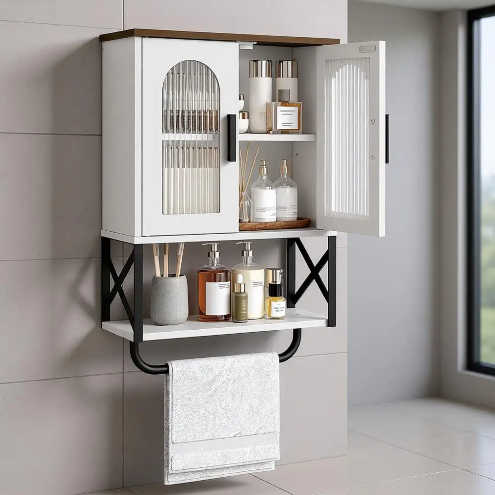 

Настенный шкаф для хранения с прозрачными дверцами, регулируемой полкой и держателем для полотенец для ванной, кухни, гостиной и столовой, белый