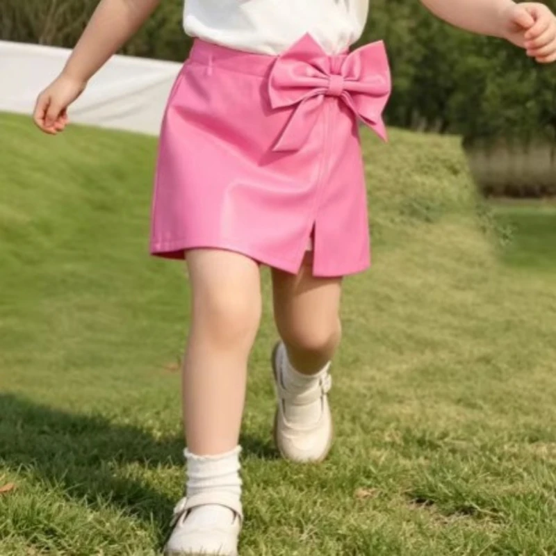 Kids Girl PU Leather Skirt Bow Knot Decoration Solid Casual Mini Skirt High Waist Pink Pleated Skirt for Teen Girls Daily Wear