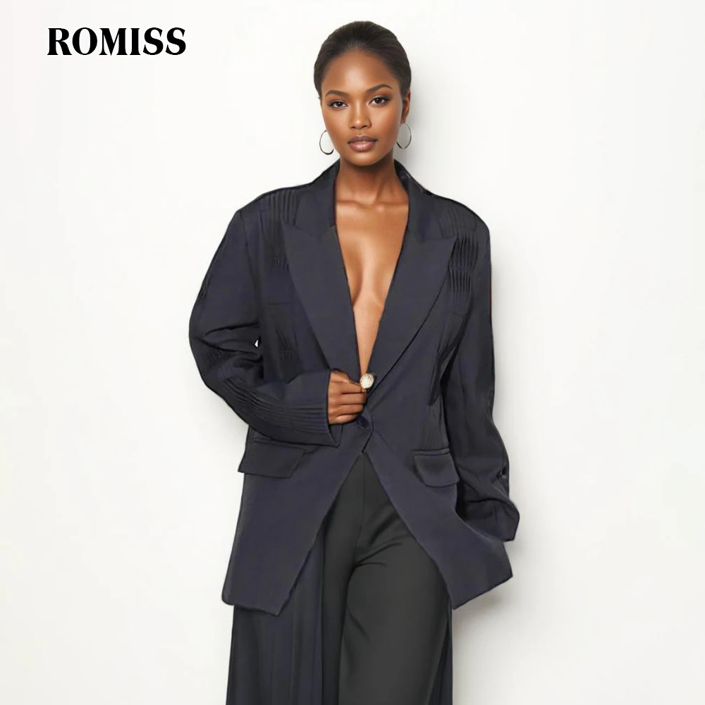 

ROMISS Casual Spliced Pleated Blazers For Women Notched Collar Long Sleeve Patchwork Button Loose Solid Autumn Blazer Female