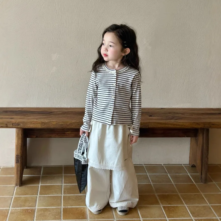 

Striped Cardigan and White Pants 2025 Spring New Korean Fashion Simple Striped Cardigan Casual Loose Pants