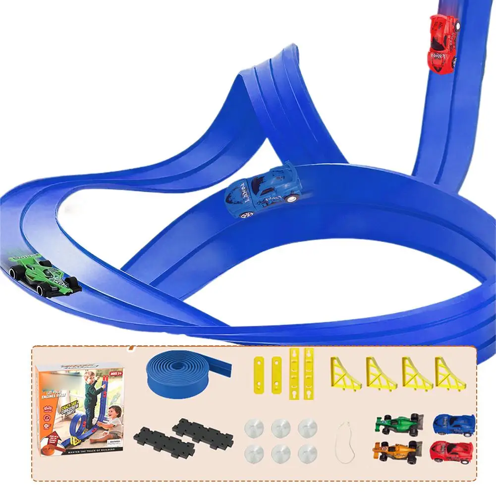 1セットDIY三線レールカー ソフトランウェイトラック ダブルカラー 子供用パズル スライディングパワーレールカーおもちゃ ブルーパワーレールカーおもちゃセット