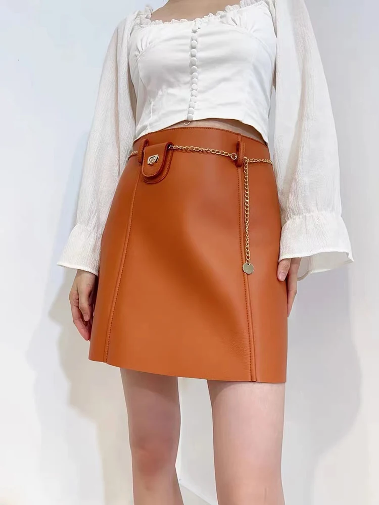 Leather Skirts for Women 2023 Autumn Simple Turkey Sheepskin High Waist A-Line Slim Metal Chain Dopamine Purple/White Short Jupe