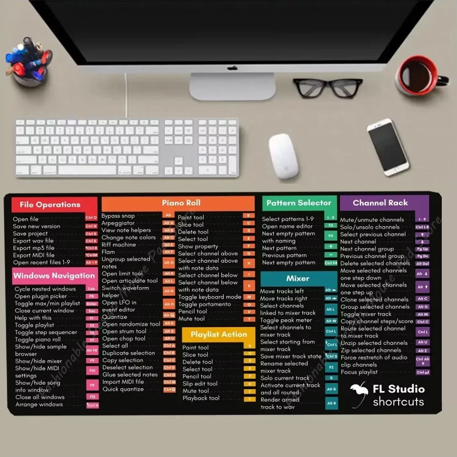 FL Studio Music Arrangement and Production Cheat Sheet Shortcuts Keys Mouse Pad Keyboard Gaming Desk Mat Rubber Protector Office