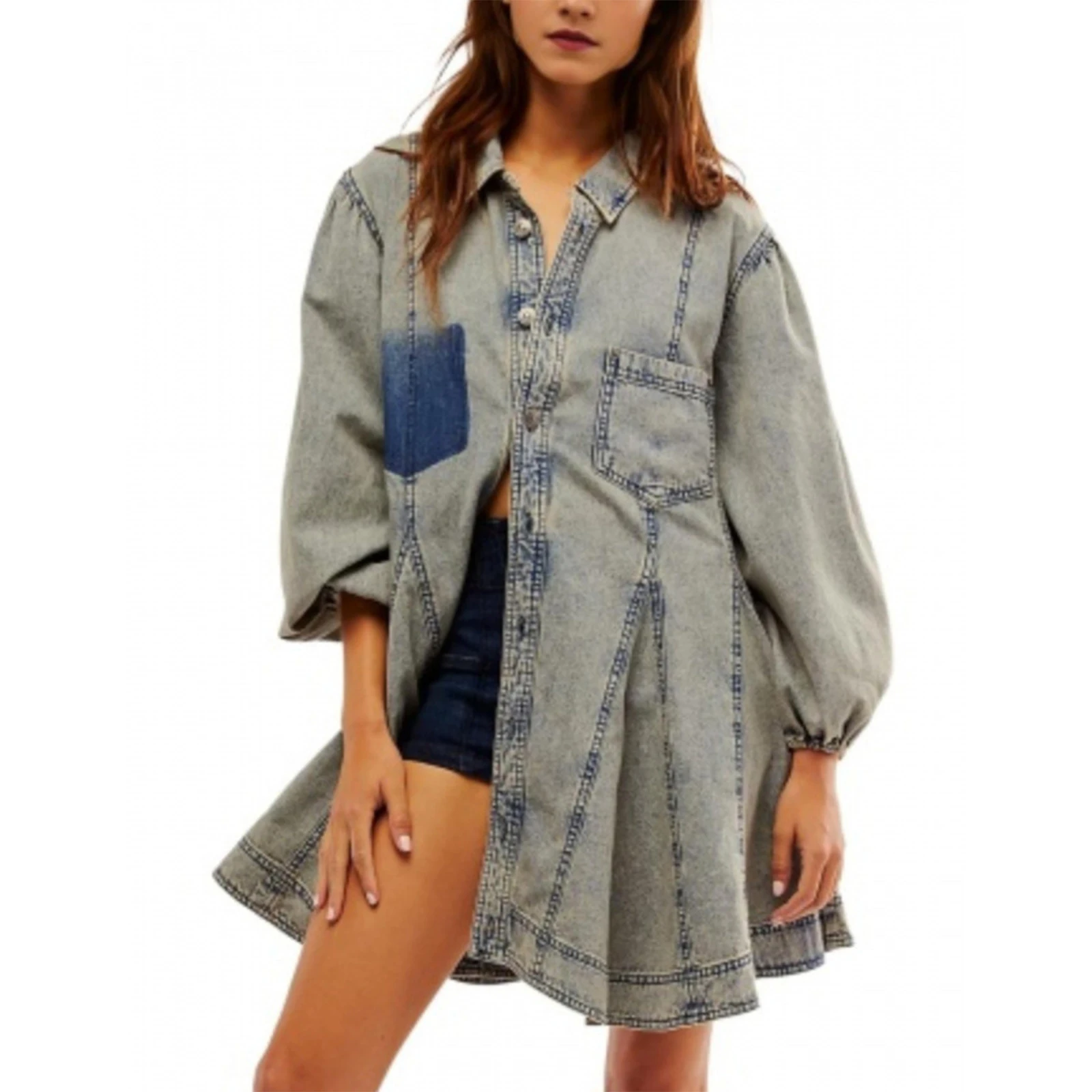 Women's Fashion Retro Denim Dress Lantern-sleeved Button-down Shirt Denim Dress Solid Color Shirt Dress Denim Short Dresses
