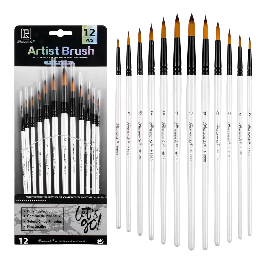 12 Pcs Paint Brushes Set,Nylon Hair Artist Brushes,4 Different Tips,Round,Flat,Pointy & Angular Paintbrushes For Artist Brushes