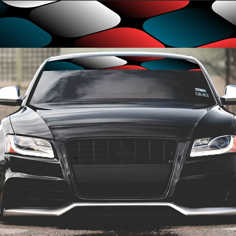 1 ورقة حمراء، أزرق رمادي نمط هندسي ثلاثي الأبعاد شريط زخرفي للزجاج الأمامي للسيارة - مقاوم للماء