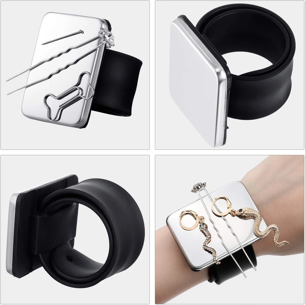 Hair Styling Tools Magnetic Gel & Silicone Wristband for Braiders, Black Wrist Strap, With 3 Rat Tail Combs and 6p clips