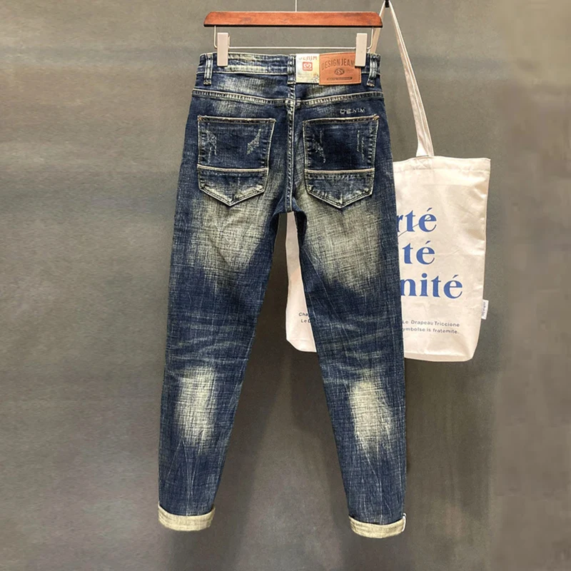 Designer Fashion Men Jeans High Quality Retro Black Blue Stretch Slim Fit Ripped Jeans Men Embroidery Vintage Denim Pants Hombre