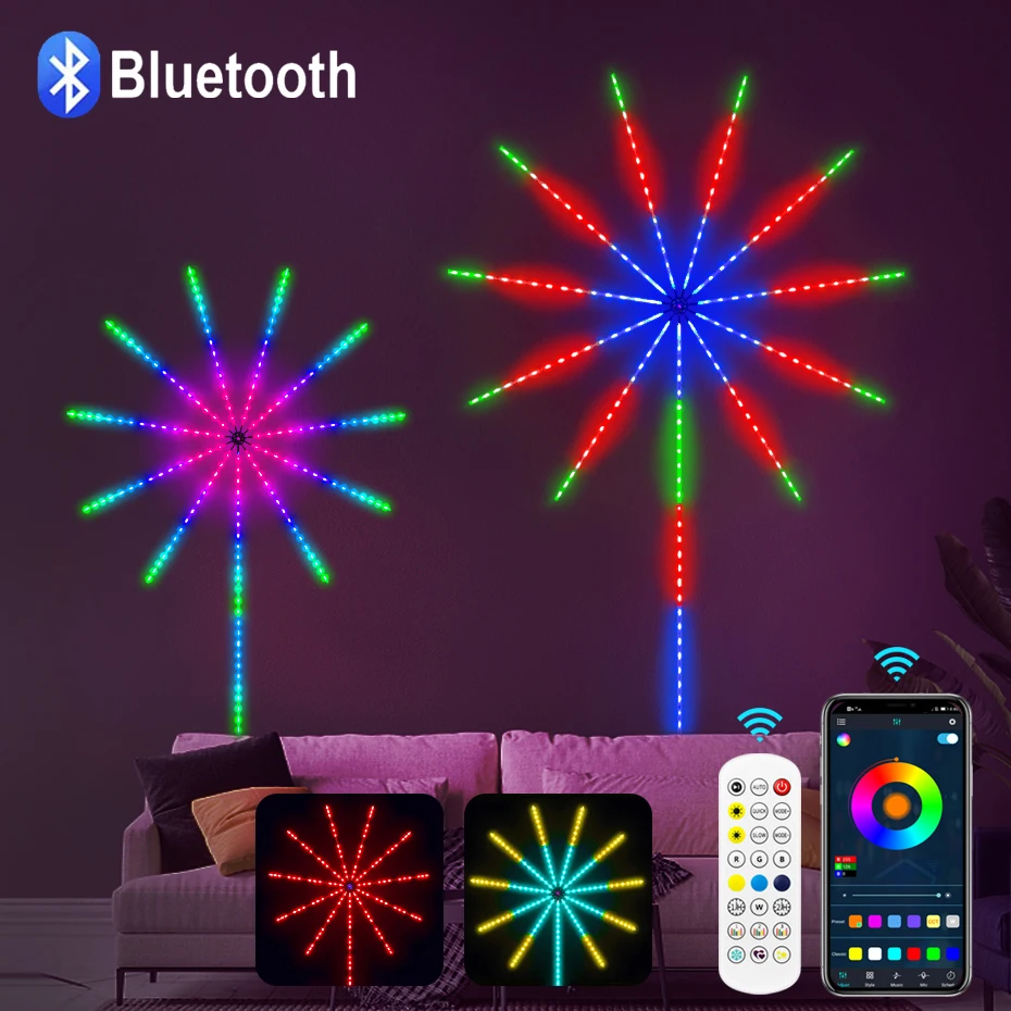 LED Fireworks Light Strip 5050 RGBIC Adhesive Tape Remote/Bluetooth Control Music Sync for Room Wall Bar Christmas Party Decor