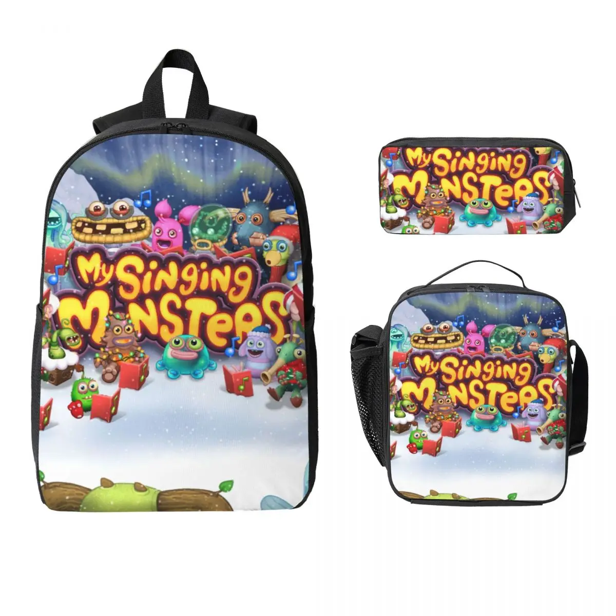 

My Singing Monsters Collage Game Cartoon Backpack BookBag School Bag Laptop Shoulder Bags 3ps Insulated Lunch Bag Pencil Case