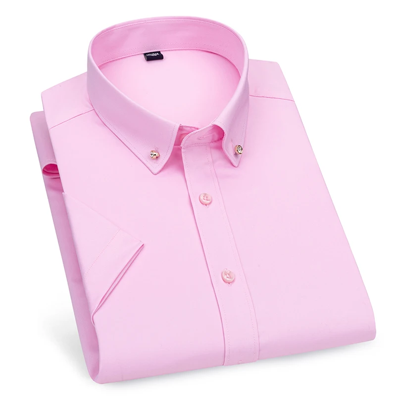 New in shirt Drilling buckle short sleeve shirts for men slim fit formal plain shirt elastic solid color designer office clothes