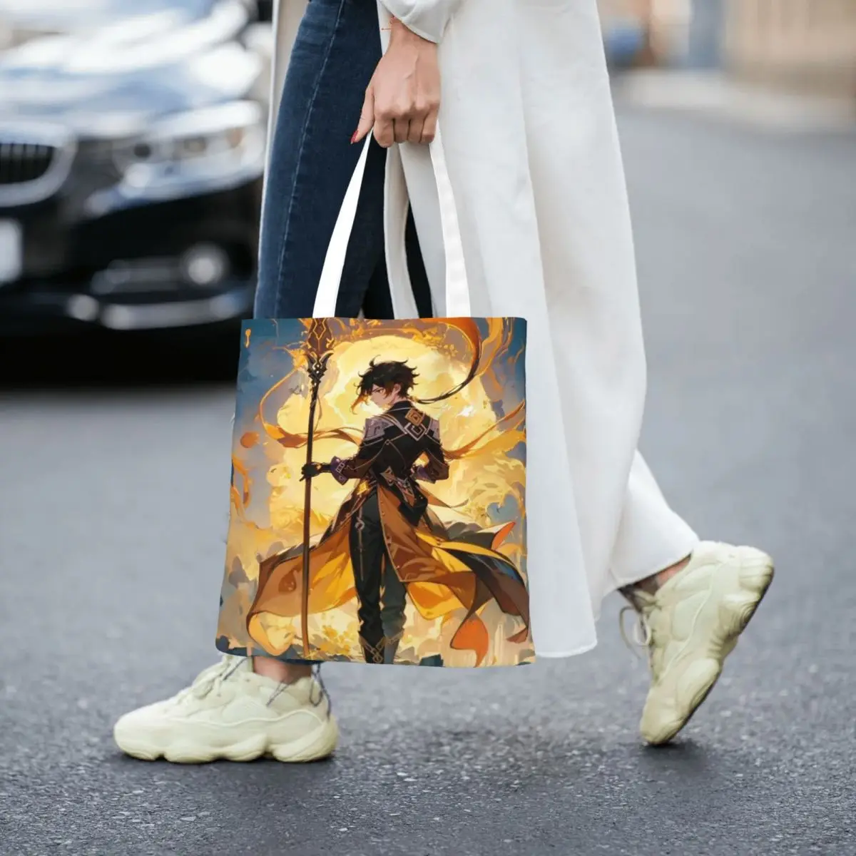 Zhongli Genshin Impact Anime Game Shopping Bags Ladies Canvas The Tote Bag Folding Ladies Shoulder Tote Travel Handbag