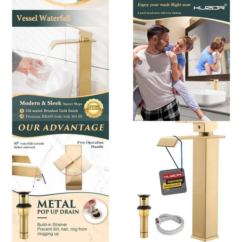 

High Arc Single Hole Stainless Steel Waterfall Sink Faucet with Pop-Up Drain for Modern Bathroom Vanities