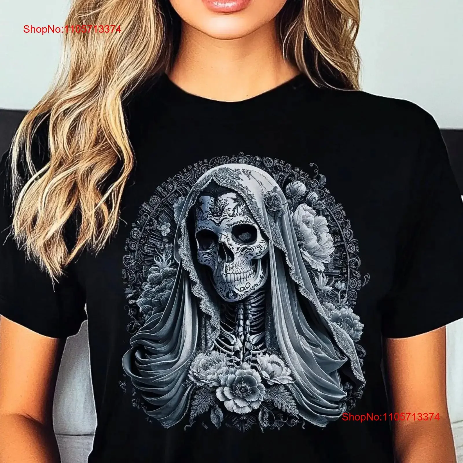 Gothic Santa Muerte T Shirt Day of the Dead Skull Floral Design Top Religious Dios De La Goddess vintage Washed graphic Soft