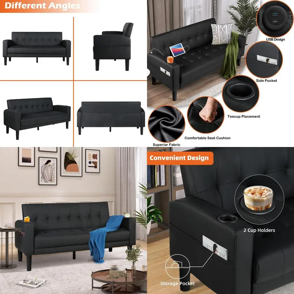 

Современное 2-местное кожаное двухместное сиденье с USB-портами, подстаканниками и боковыми карманами для гостиной, офиса или спальни (черный)