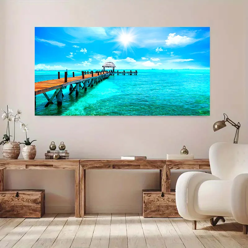 1 قطعة فرملس الحديثة الكاريبي الجنة قماش الفن-59.99 سنتيمتر x 119.99 سنتيمتر خشبية الرصيف الشاطئ المشهد ملصق لغرفة المعيشة وغرفة النوم
